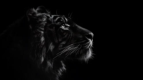 Black tiger profile emerges in high contrast rim lighting.
