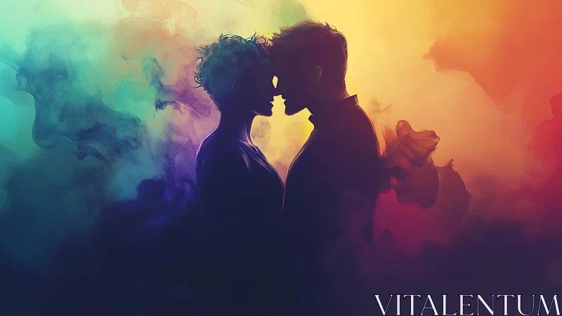 Silhouetted couple kissing in multicolor gradient haze.