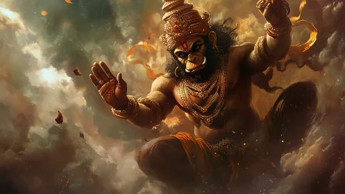 Divine warrior monkey leaps through stormlit celestial clouds.