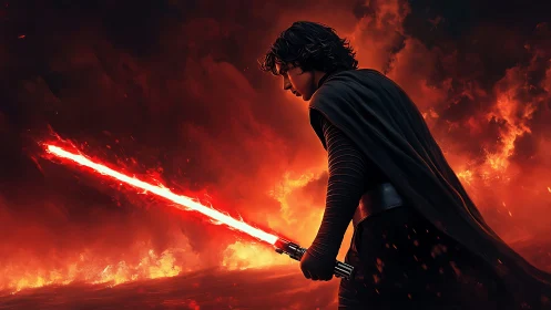 Crimson saber hums through storm-lit ash and molten horizon