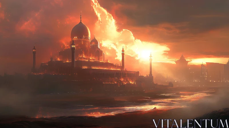 Digital painting of a domed citadel engulfed in infernal light.