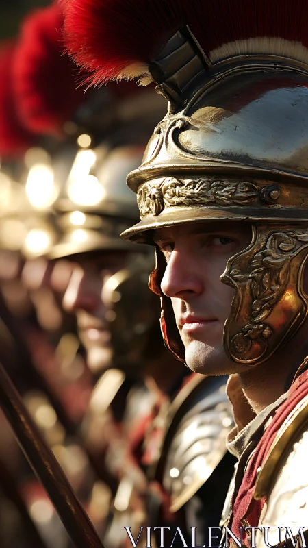 Roman soldiers in ornate helmets and red crested armor.