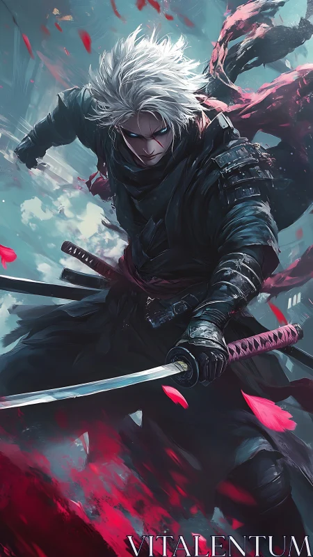 White haired swordsman in black armor with glowing eyes.