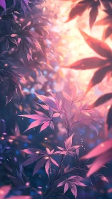 Purple and pink leaves glow against soft bokeh light background
