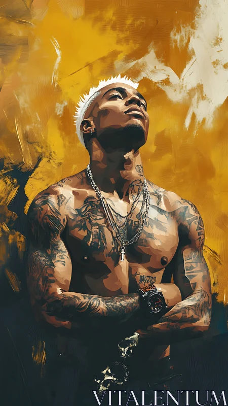 Tattooed man gazes upward against bold golden backdrop