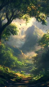 Atmospheric perspective through ancient forest canopy reveals misty mountain valley landscape