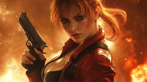 Fiery-haired vigilante stands armed amid raging inferno.