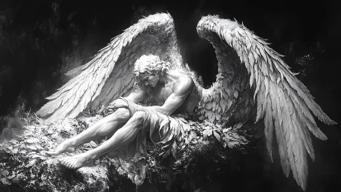 Monochrome winged humanoid figure seated on rocky ledge.