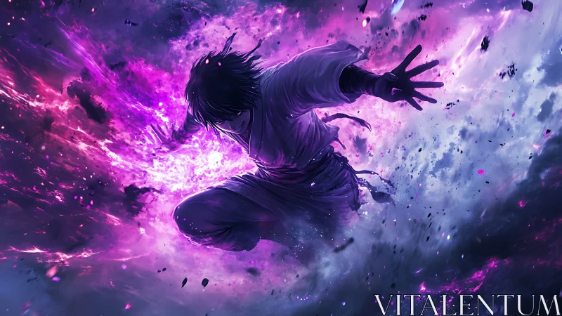 Energy-charged warrior unleashes a violet cosmic blast mid-air