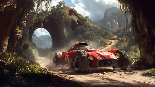 Rugged red rally car storms through lush jungle canyon.