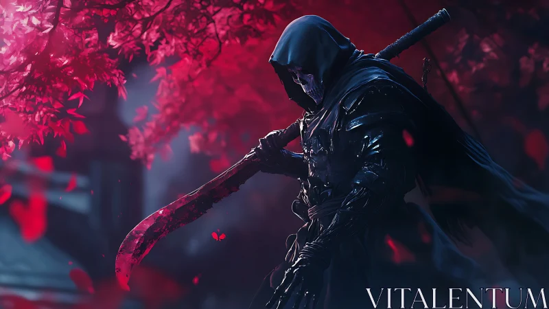 Hooded skeletal warrior grips bloodstained blade under crimson canopy