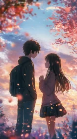 Teen couple under cherry blossoms at sunset sky.
