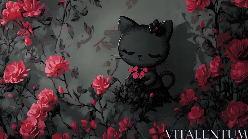 Black Cat Among Crimson Roses: Ethereal Garden.