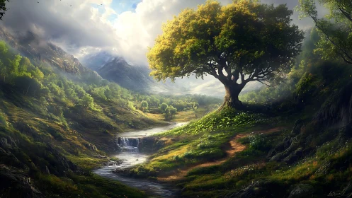 Sunlit valley path beneath a guardian tree of quiet wonder.