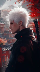 White haired ronin brooding beneath crimson shrine sky.