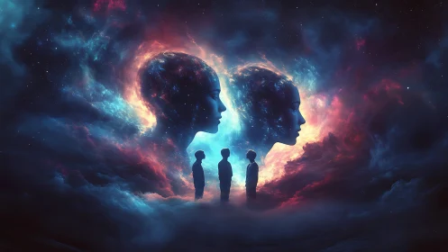 Silhouetted figures stand beneath dual cosmic human profiles
