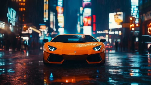 Low-angle view of orange supercar under neon rain in wet city street