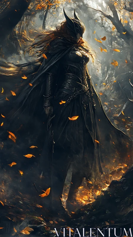 Armored forest warrior in swirling autumn firestorm.