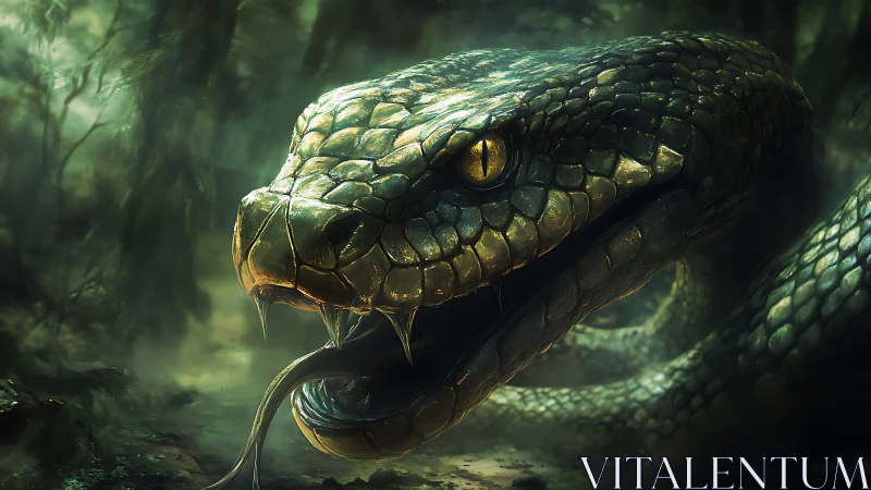Giant emerald serpent poised to strike in misty jungle.