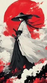 Lone samurai silhouette beneath crimson rising sun emblem.