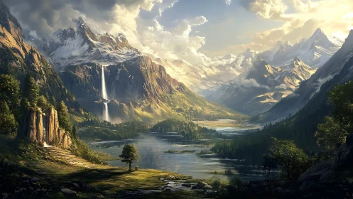 Sunlit alpine valley with lakes, forest, and waterfalls.