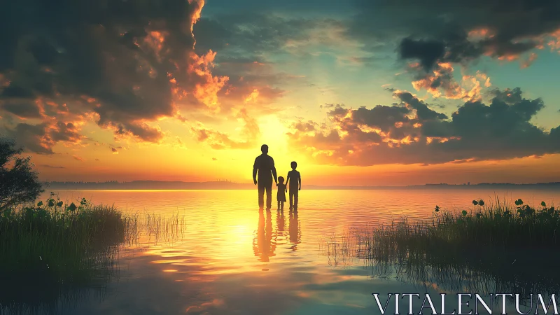 Sunset stroll with a loving family by the glowing lakeshore.