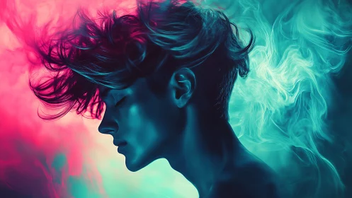 Dreamy neon portrait of a serene soul in swirling colors.