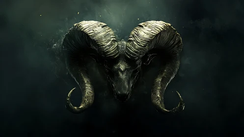 Ram skull with sweeping horns emerges from dark void