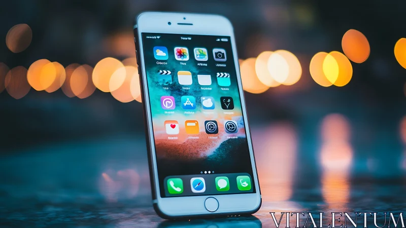 White iPhone displaying colorful app icons against bokeh lights.