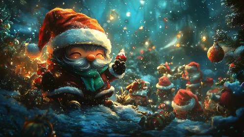 Festive gnome leads glowing winter forest Christmas parade.