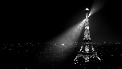 Monochrome night study of illuminated Eiffel Tower structure.