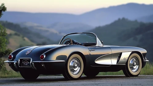 Vintage black convertible parked in rural hillside setting.