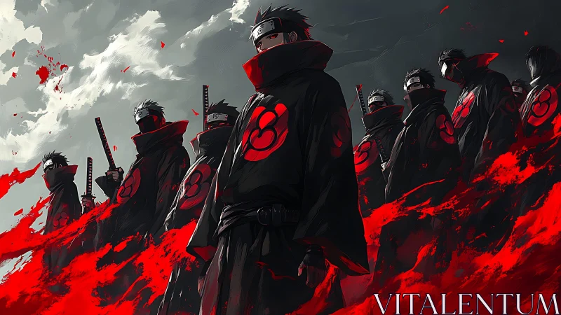 Ninja group in black cloaks with red emblems in formation.