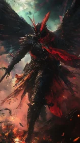 Winged infernal knight advances through incandescent storm