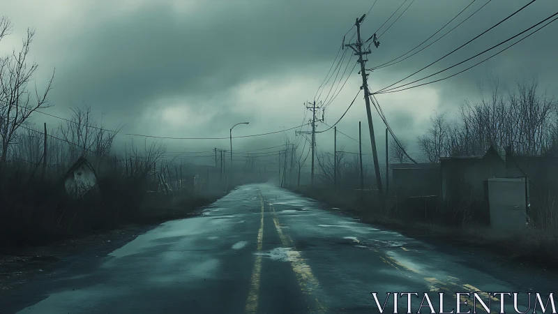 Deserted wet roadway with power lines under dense clouds.