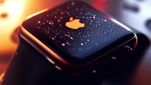 Smartwatch closeup with water droplets and vivid lighting