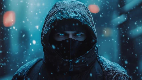 Eyes of winter stare through neon snow and whispered frost