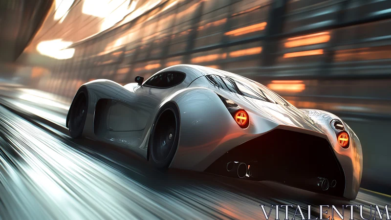Streamlined silver concept coupe moves through illuminated tunnel