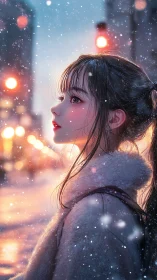 Side profile of woman in snowy urban street at dusk.