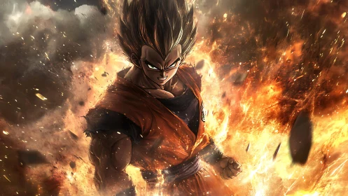 Powerful anime warrior in blazing explosive energy field.