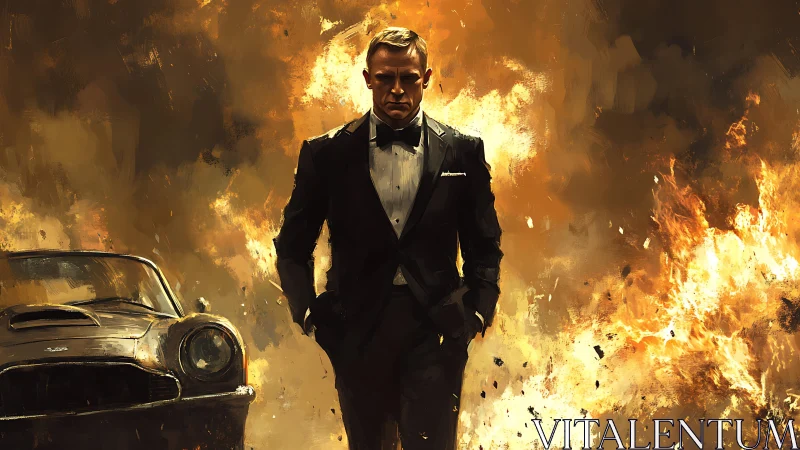 Tuxedoed agent walking from explosion beside vintage car.