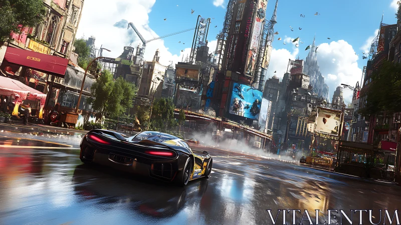 Futuristic sports car on wet street in dense cityscape.
