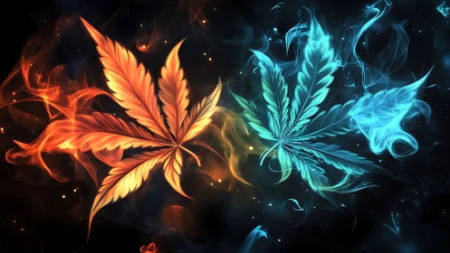 Fiery and icy cannabis leaves form opposing elemental spirits