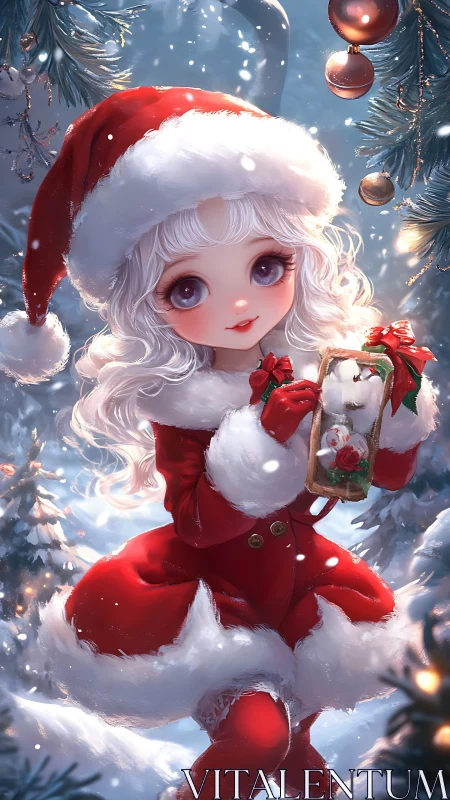 Cute chibi girl in Santa outfit holding Christmas mouse