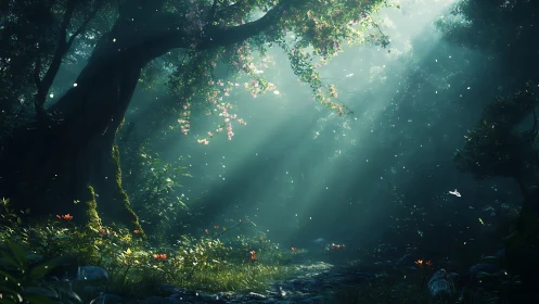 Enchanted Forest Glade with Luminous Canopy and Particles.