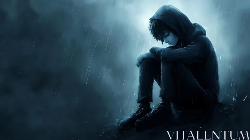 Hooded boy sits alone in heavy rain on a dark ground