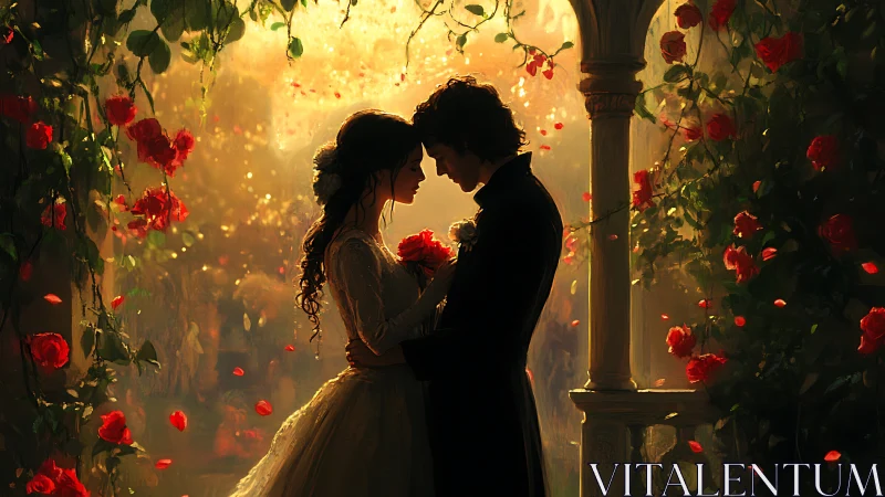 Silhouetted figures in architectural garden setting with red flowers.