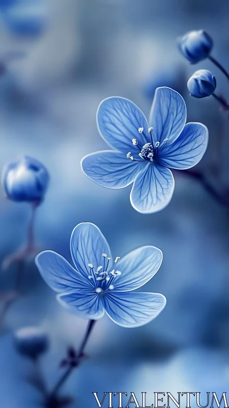 Blue flower petals in soft focus with botanical buds.
