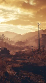Desolate sunset highway through misty post apocalyptic ruins.