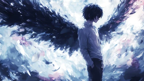 Melancholic dark winged boy in blue ethereal painterly storm
